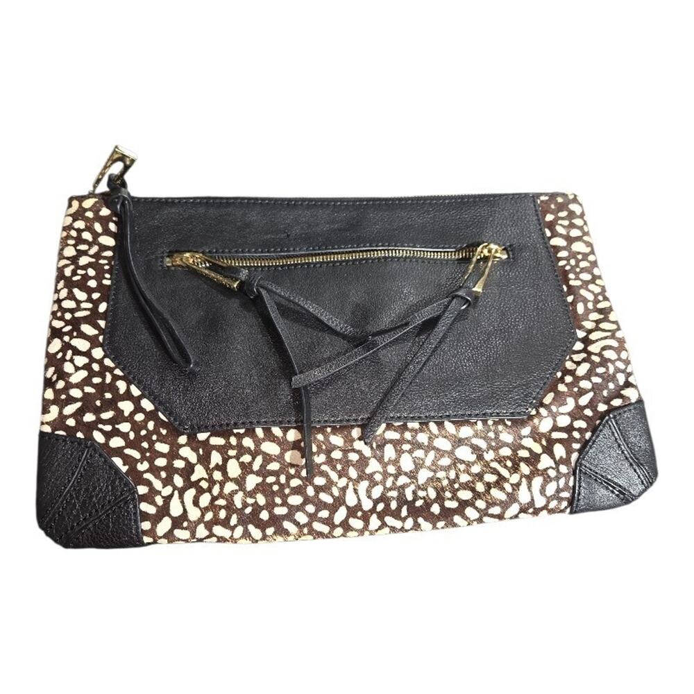 Sanctuary Black Leather & Leopard Print Calf Hair Clutch Bag - Excellent